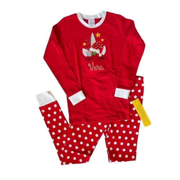 Christmas unicorn long sleeve red and white pajamas personalized name “Vera” - Picture 1 of 3